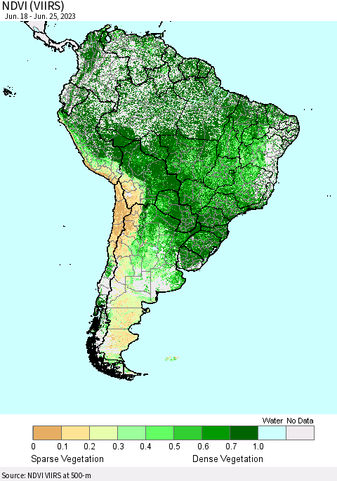 South America NDVI (VIIRS) Thematic Map For 6/18/2023 - 6/25/2023