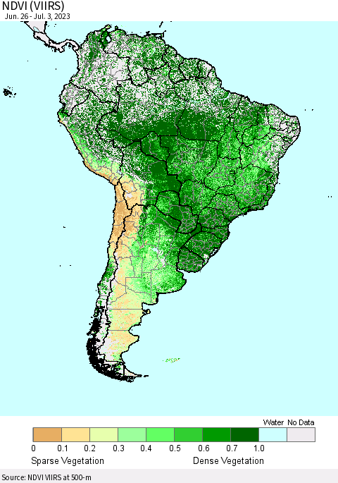 South America NDVI (VIIRS) Thematic Map For 6/26/2023 - 7/3/2023