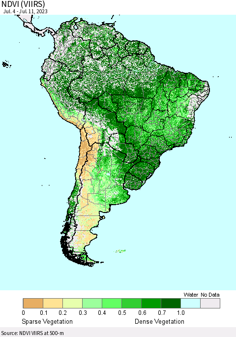 South America NDVI (VIIRS) Thematic Map For 7/4/2023 - 7/11/2023