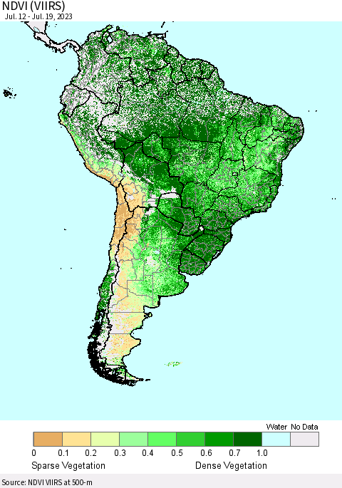 South America NDVI (VIIRS) Thematic Map For 7/12/2023 - 7/19/2023