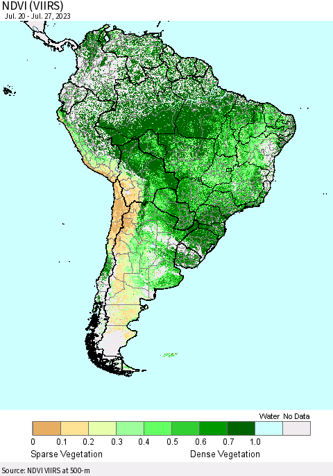 South America NDVI (VIIRS) Thematic Map For 7/20/2023 - 7/27/2023