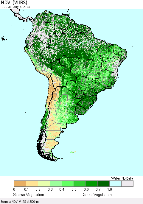 South America NDVI (VIIRS) Thematic Map For 7/28/2023 - 8/4/2023