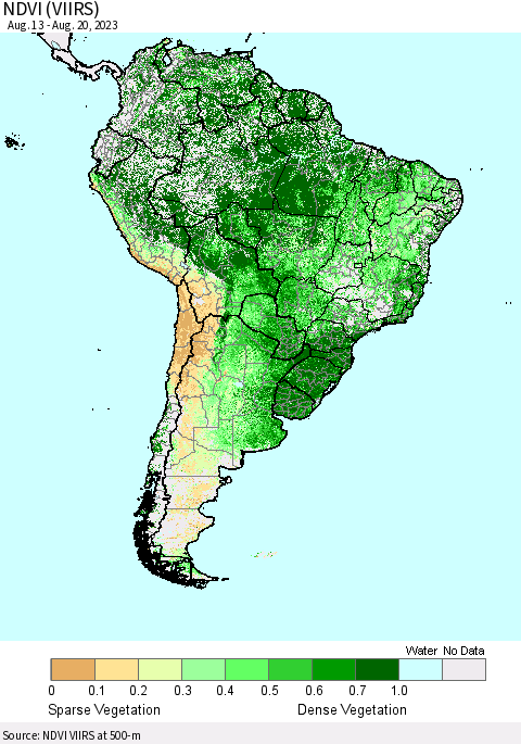 South America NDVI (VIIRS) Thematic Map For 8/13/2023 - 8/20/2023