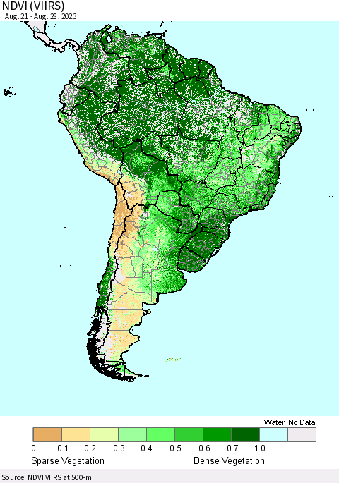 South America NDVI (VIIRS) Thematic Map For 8/21/2023 - 8/28/2023