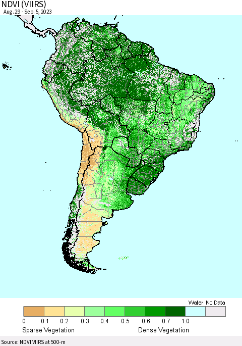 South America NDVI (VIIRS) Thematic Map For 8/29/2023 - 9/5/2023