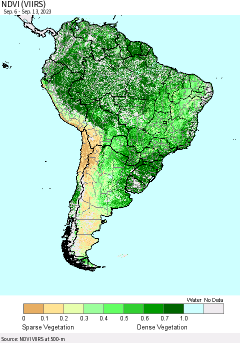 South America NDVI (VIIRS) Thematic Map For 9/6/2023 - 9/13/2023