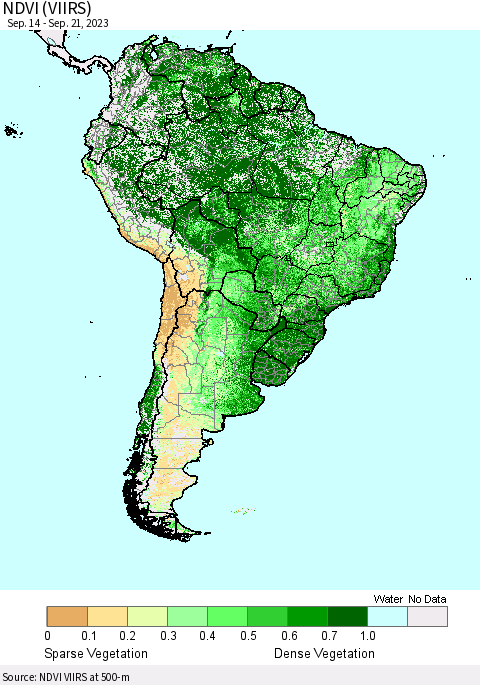 South America NDVI (VIIRS) Thematic Map For 9/14/2023 - 9/21/2023