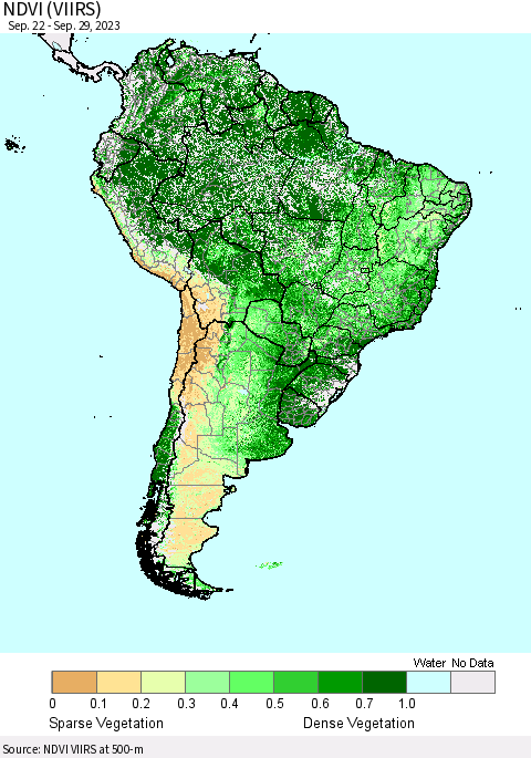 South America NDVI (VIIRS) Thematic Map For 9/22/2023 - 9/29/2023