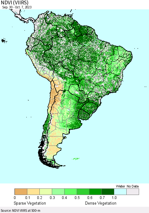 South America NDVI (VIIRS) Thematic Map For 9/30/2023 - 10/7/2023