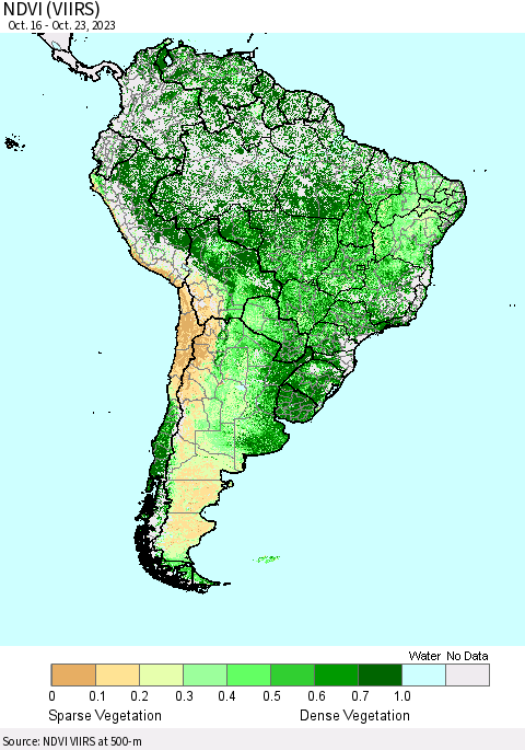 South America NDVI (VIIRS) Thematic Map For 10/16/2023 - 10/23/2023