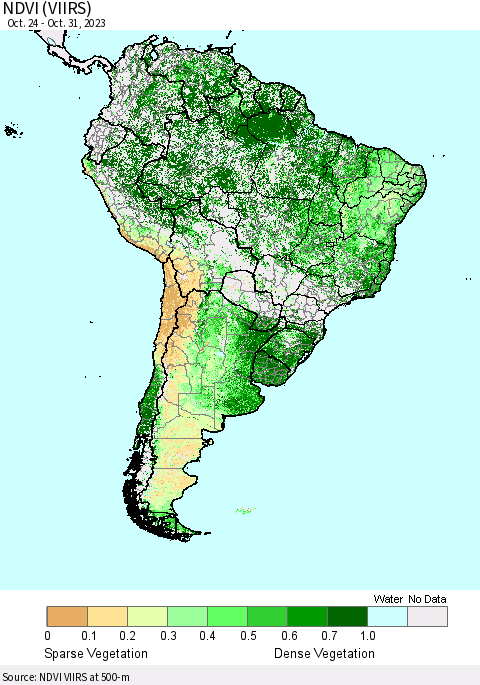 South America NDVI (VIIRS) Thematic Map For 10/24/2023 - 10/31/2023