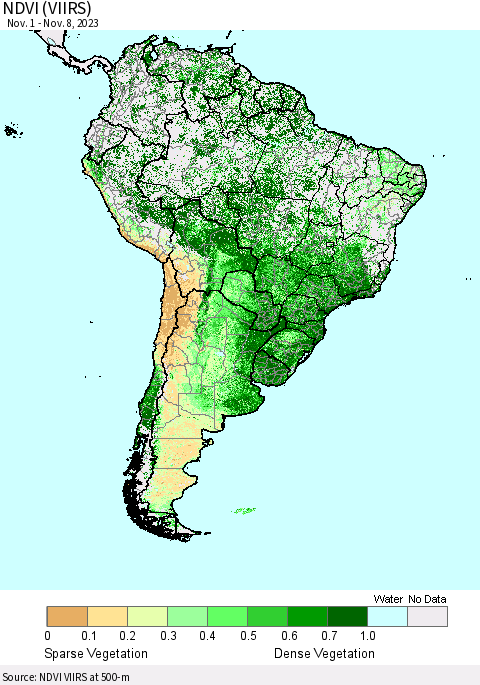 South America NDVI (VIIRS) Thematic Map For 11/1/2023 - 11/8/2023
