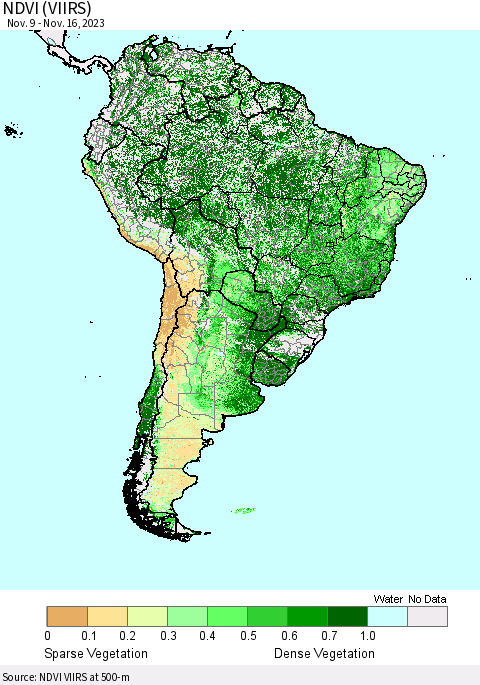 South America NDVI (VIIRS) Thematic Map For 11/9/2023 - 11/16/2023