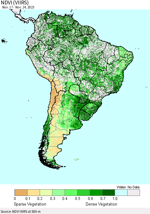 South America NDVI (VIIRS) Thematic Map For 11/17/2023 - 11/24/2023