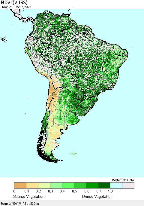 South America NDVI (VIIRS) Thematic Map For 11/25/2023 - 12/2/2023