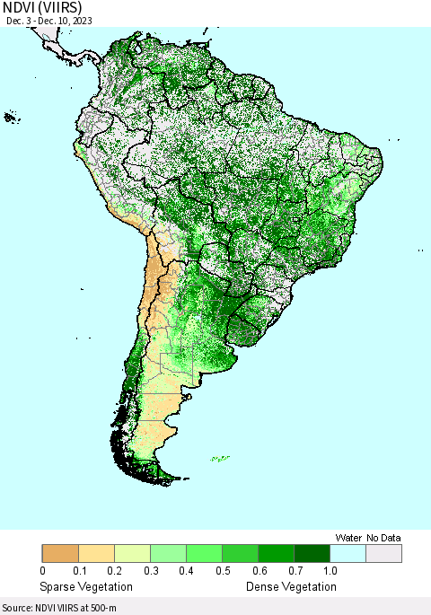 South America NDVI (VIIRS) Thematic Map For 12/3/2023 - 12/10/2023