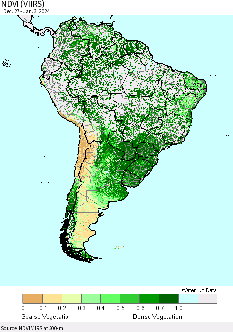 South America NDVI (VIIRS) Thematic Map For 12/27/2023 - 1/3/2024