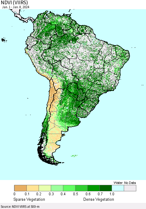 South America NDVI (VIIRS) Thematic Map For 1/1/2024 - 1/8/2024