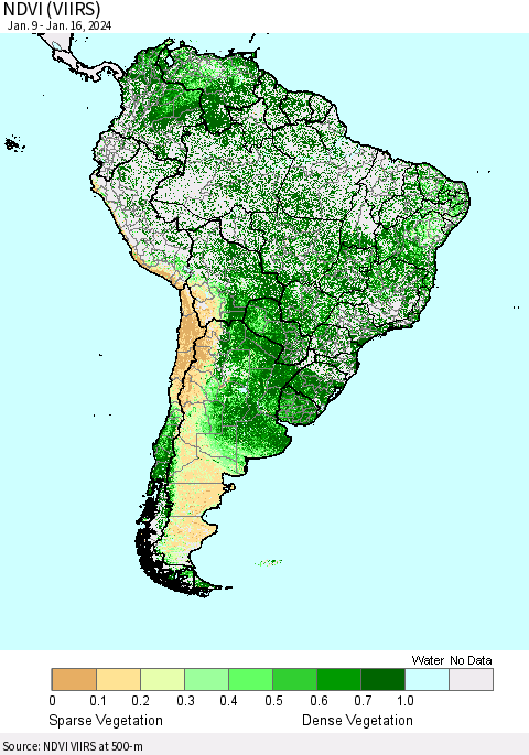 South America NDVI (VIIRS) Thematic Map For 1/9/2024 - 1/16/2024