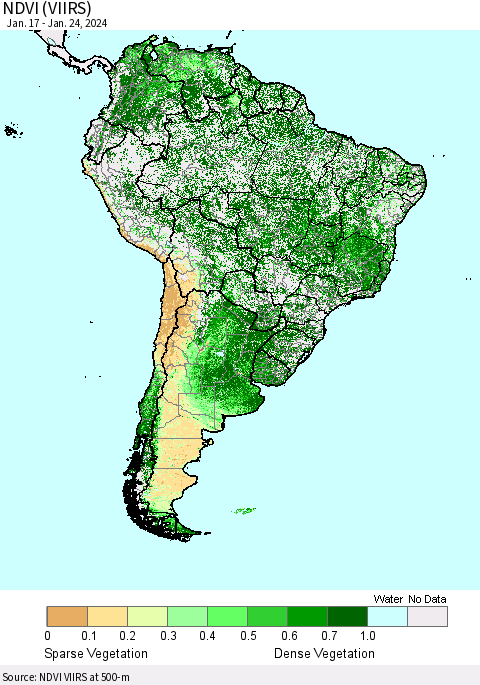 South America NDVI (VIIRS) Thematic Map For 1/17/2024 - 1/24/2024