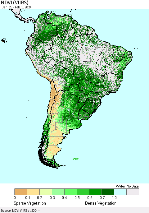 South America NDVI (VIIRS) Thematic Map For 1/25/2024 - 2/1/2024