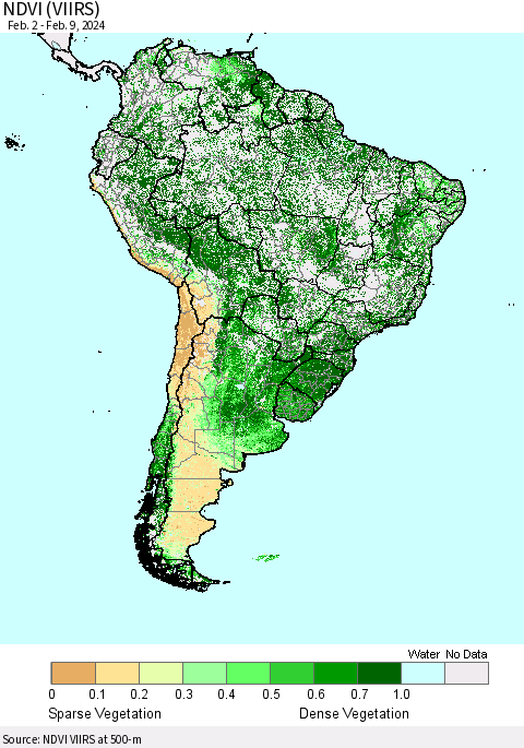 South America NDVI (VIIRS) Thematic Map For 2/2/2024 - 2/9/2024