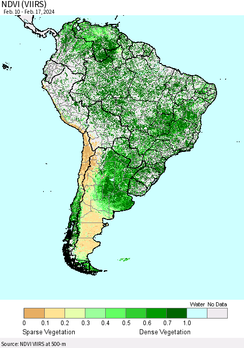 South America NDVI (VIIRS) Thematic Map For 2/10/2024 - 2/17/2024