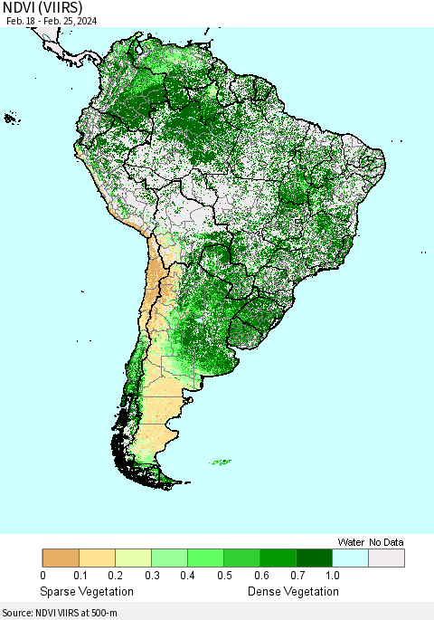 South America NDVI (VIIRS) Thematic Map For 2/18/2024 - 2/25/2024