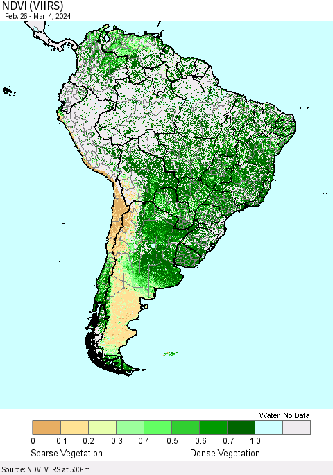 South America NDVI (VIIRS) Thematic Map For 2/26/2024 - 3/4/2024