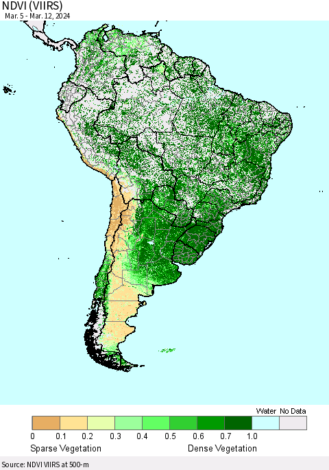 South America NDVI (VIIRS) Thematic Map For 3/5/2024 - 3/12/2024