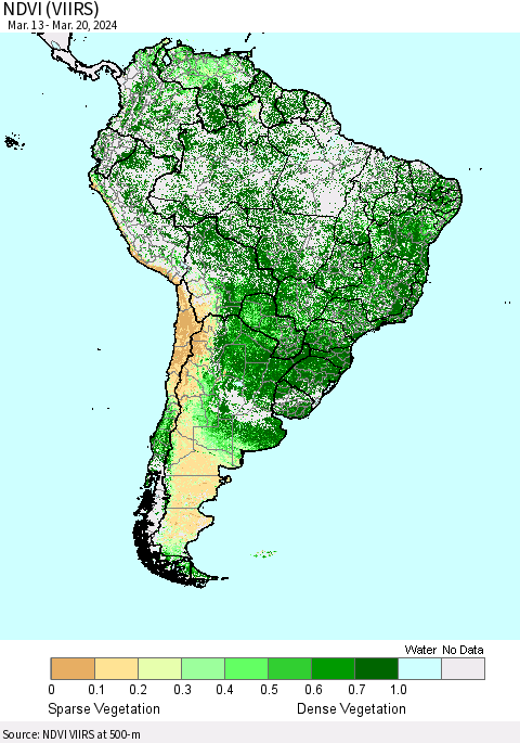 South America NDVI (VIIRS) Thematic Map For 3/13/2024 - 3/20/2024