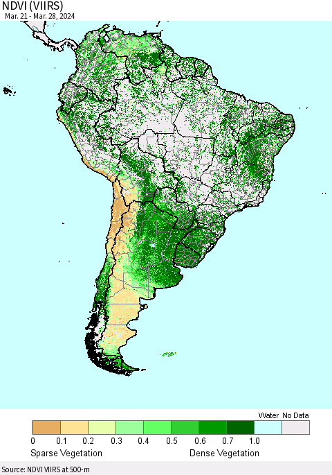 South America NDVI (VIIRS) Thematic Map For 3/21/2024 - 3/28/2024