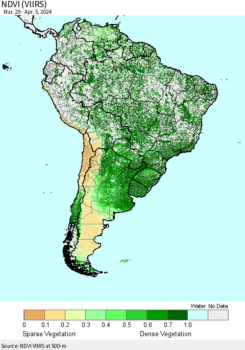 South America NDVI (VIIRS) Thematic Map For 3/29/2024 - 4/5/2024