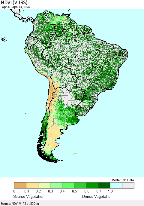 South America NDVI (VIIRS) Thematic Map For 4/6/2024 - 4/13/2024