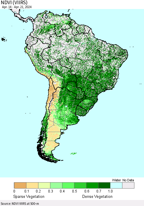 South America NDVI (VIIRS) Thematic Map For 4/14/2024 - 4/21/2024
