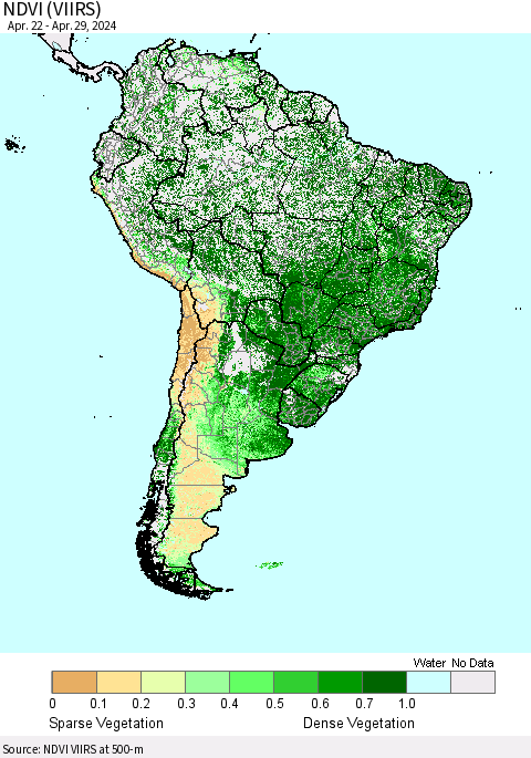South America NDVI (VIIRS) Thematic Map For 4/22/2024 - 4/29/2024