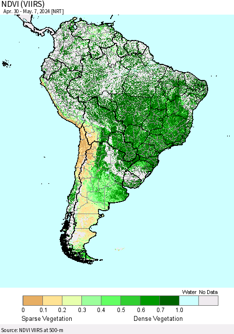 South America NDVI (VIIRS) Thematic Map For 4/30/2024 - 5/7/2024