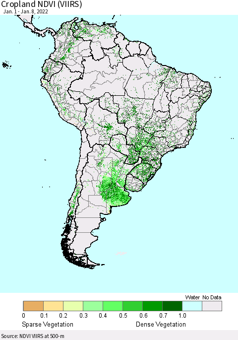 South America Cropland NDVI (VIIRS) Thematic Map For 1/1/2022 - 1/8/2022