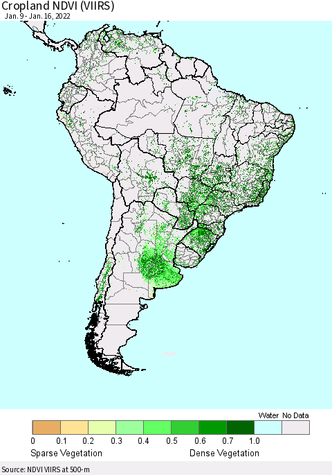 South America Cropland NDVI (VIIRS) Thematic Map For 1/9/2022 - 1/16/2022