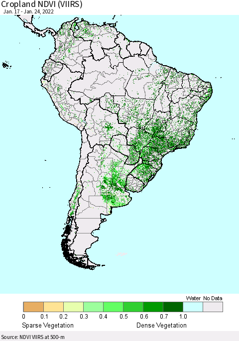 South America Cropland NDVI (VIIRS) Thematic Map For 1/17/2022 - 1/24/2022