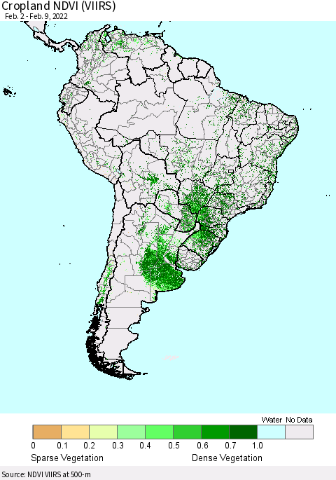 South America Cropland NDVI (VIIRS) Thematic Map For 2/2/2022 - 2/9/2022