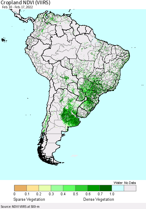 South America Cropland NDVI (VIIRS) Thematic Map For 2/10/2022 - 2/17/2022