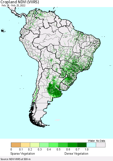 South America Cropland NDVI (VIIRS) Thematic Map For 2/18/2022 - 2/25/2022