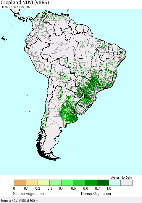 South America Cropland NDVI (VIIRS) Thematic Map For 3/22/2022 - 3/29/2022
