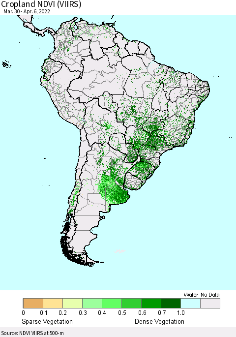 South America Cropland NDVI (VIIRS) Thematic Map For 3/30/2022 - 4/6/2022
