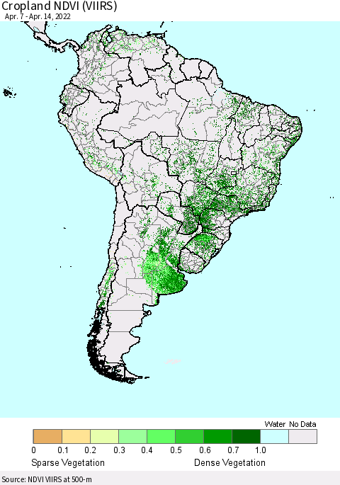 South America Cropland NDVI (VIIRS) Thematic Map For 4/7/2022 - 4/14/2022