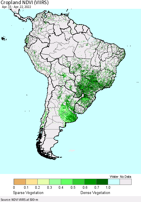 South America Cropland NDVI (VIIRS) Thematic Map For 4/15/2022 - 4/22/2022