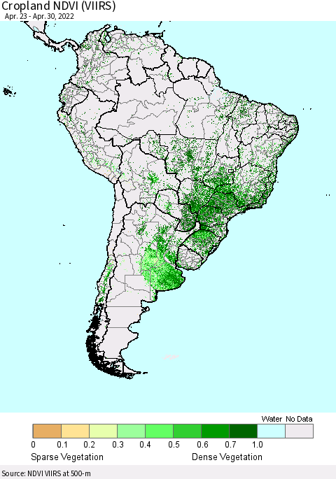 South America Cropland NDVI (VIIRS) Thematic Map For 4/23/2022 - 4/30/2022