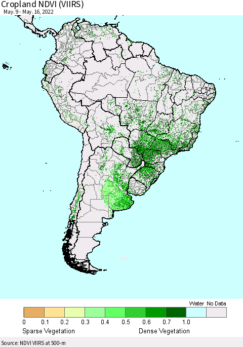 South America Cropland NDVI (VIIRS) Thematic Map For 5/9/2022 - 5/16/2022