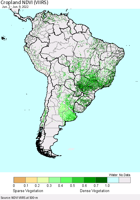 South America Cropland NDVI (VIIRS) Thematic Map For 6/2/2022 - 6/9/2022